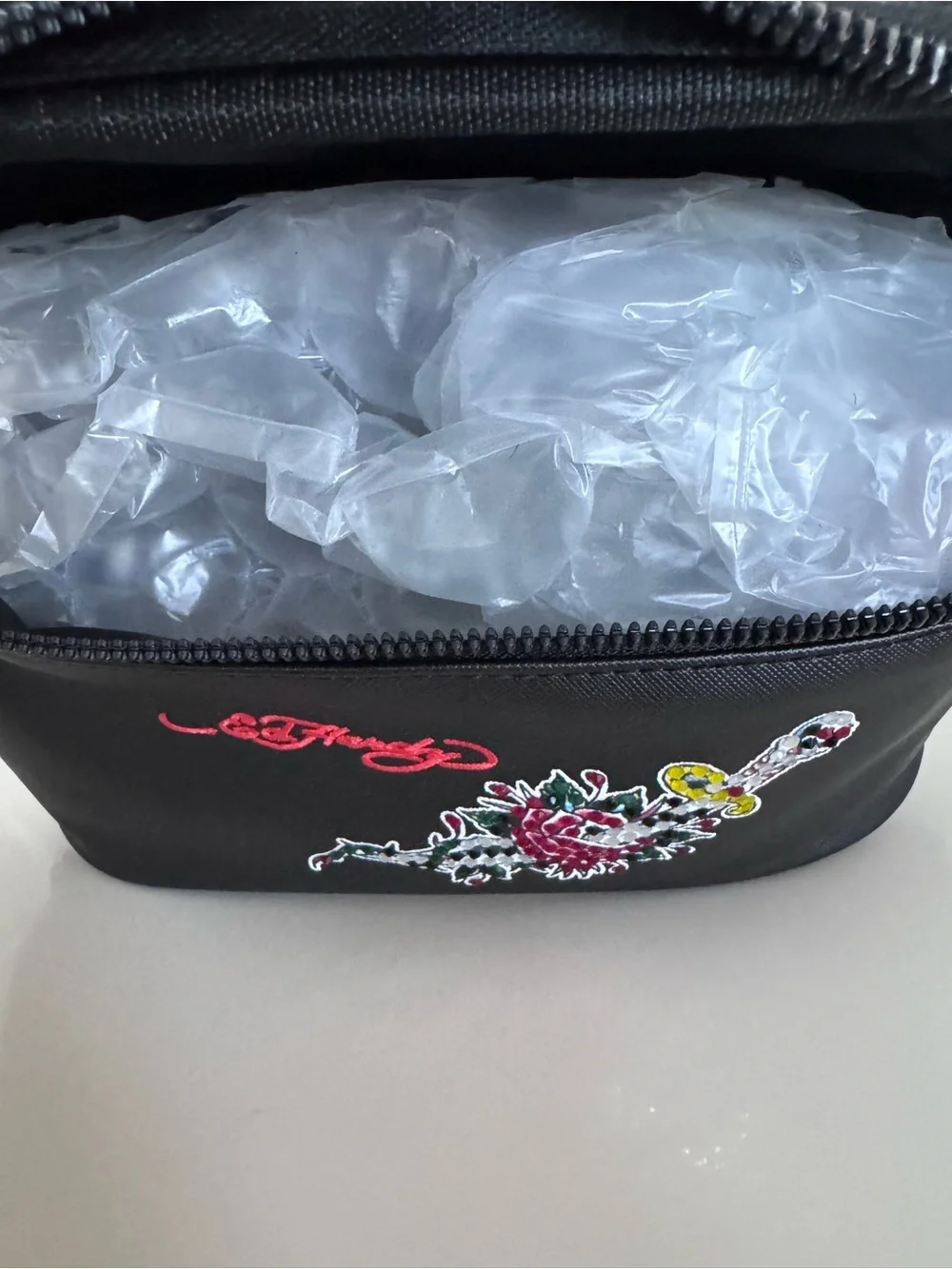 NWOT Ed Hardy Rhinestone Rose Dagger Cosmetic Travel Makeup Case Y2K Black Rock